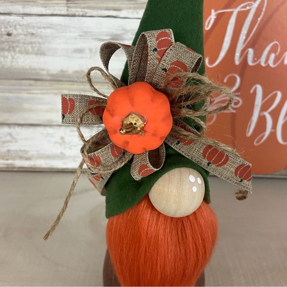 Gnome Fall Autumn Pumpkin Ribbon Green Brown Flannel Shelf Sitter Home Decor - Picture 3 of 10
